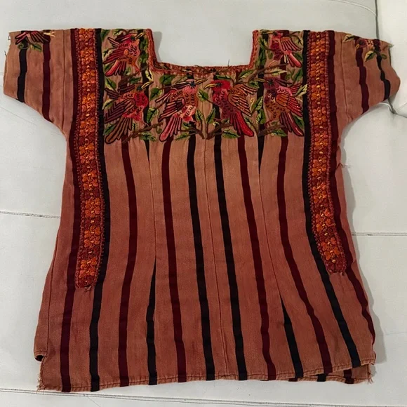 Handmade Embroidered Striped vintage Top - Red and Brown XS - Picture 6 of 9